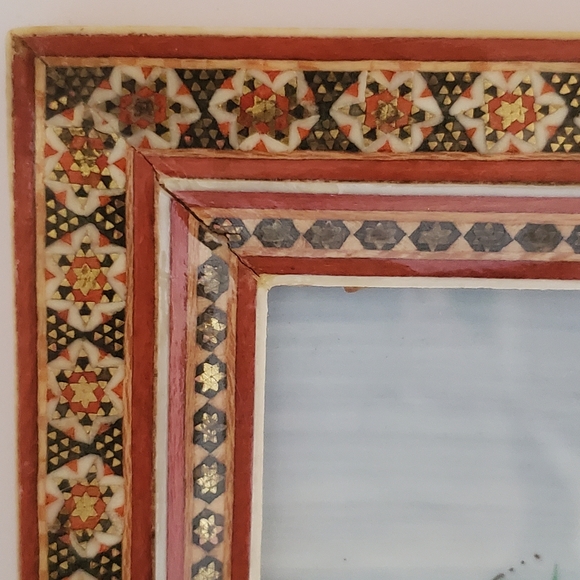 Vintage Iranian Persian Painting Hunting Scene Musicians Khatam Marquetry Frame - Picture 5 of 13